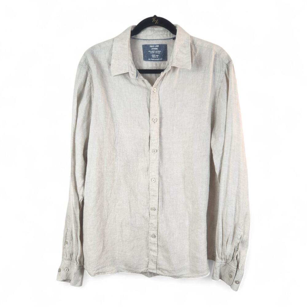 Freeline Athens 100% Linen Button-Up Shirt Men's XL Natural Longsleeve Beach